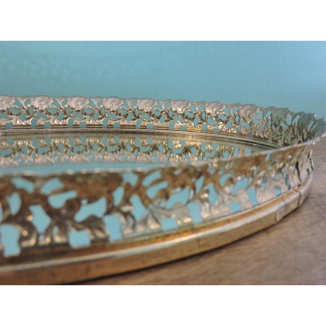 Vintage Brass-Style Metal Filigree Large Oval Mirror Vanity Tray For Sale - Image 9 of 18