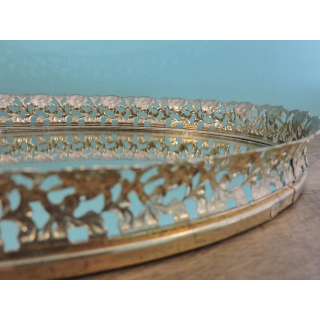Vintage Metal Filigree Large Oval Mirror Vanity Tray Brass Finish For Sale - Image 9 of 18