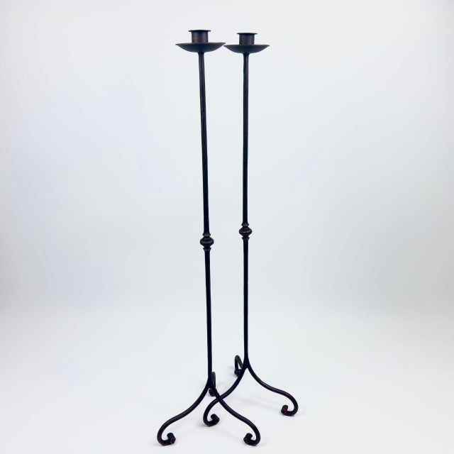 Metal Hand Forged Iron Candelabra Pair (105cm) Antique Copper Tapered Stem with Scroll Base For Sale - Image 7 of 8