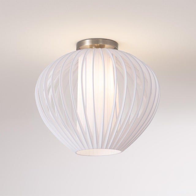 Mid-Century Modern Bloom 14 Inch Flush Mount Ceiling Light by Nova of California, White Slatted Cage Globe Sphere - Satin Steel Canopy - Mid-Century Modern Kitchen Light For Sale - Image 3 of 5