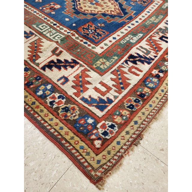Turkish Antique Kazak Handmade Wool Rust, Ivory, Navy, Light Blue & Gold Rug For Sale - Image 3 of 9