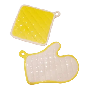 Vintage Fitz and Floyd Style Ceramic Yellow White Quilted Oven Mit Pot Holder Wall Decor-A Pair