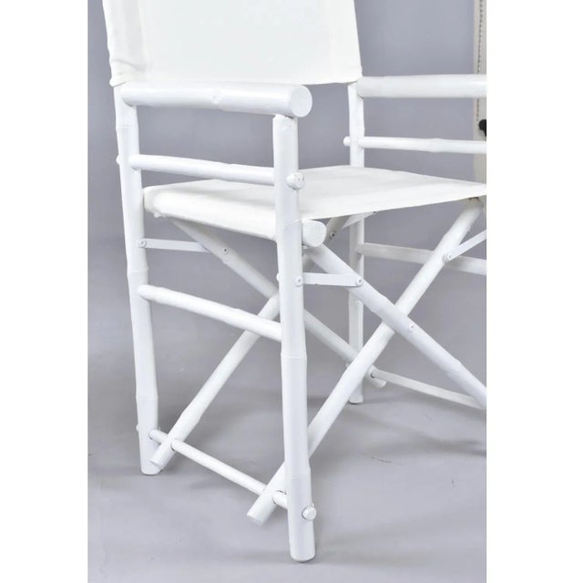 Set of 4 Vintage White Rattan Bamboo Canvas Sling Folding Directors Chairs For Sale - Image 16 of 16
