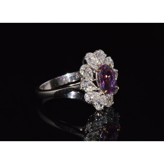 Expressionism Gia Certified 3.15ct No-Heat Purple Pink Sapphire & Diamond 18k Gold Halo Ring, Size 6.5 For Sale - Image 3 of 18