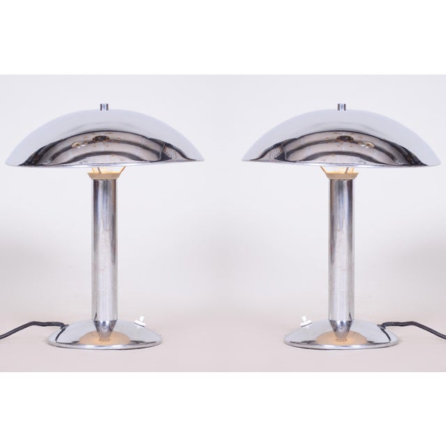 Metal Art Deco Table Lamps in Chrome-Plated Steel, Czech, 1930s, Set of 2 For Sale - Image 7 of 7