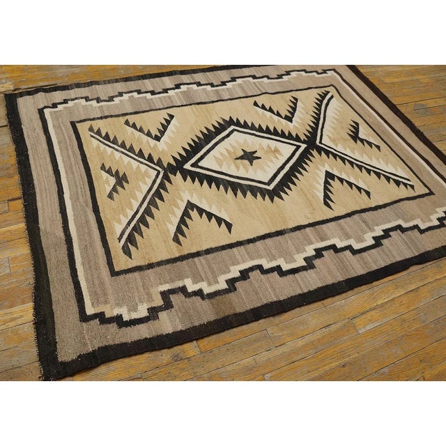 1920s Beige Medallion Tribal Antique American Navajo Carpet 4'2" X 5'10" Flatweave Wool Rug For Sale - Image 4 of 9