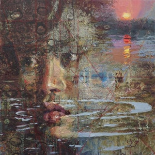 Remembrance by Lisa Fricker | Oil on collage panel Portrait of a face reflecting in water at sunset For Sale
