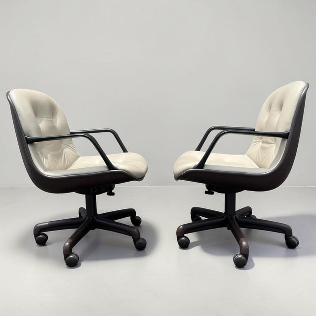 Mid-Century Modern Cream Vinyl Faux Leather Steelcase 451 Swivel Chairs - a Pair For Sale - Image 3 of 12