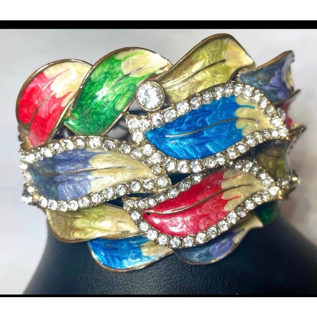 Mid 20th Century Mid 20th Century Enamel Rhinstone Hinged Cuff Bracelet For Sale - Image 5 of 5
