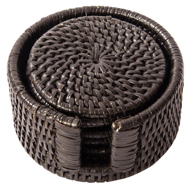 Artifacts Rattan Round Coasters with Box in Tudor Black - 7 Pieces For Sale In Houston - Image 6 of 6