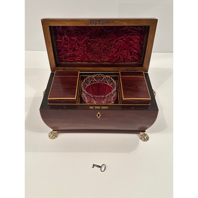 Wood Mahogany Regency Style Tea Caddie With Inlay and Brass Lion Rings For Sale - Image 7 of 8