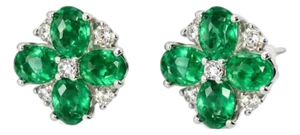 Mid 20th Century 14k White Gold Emerald Diamond Flower Stud Earrings Estate Floral, Pair