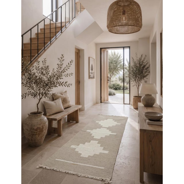 Contemporary Moroccan Kilim Runner | Handwoven Flatweave Wool Runner with Taupe Field and Stepped Ivory Diamonds This...