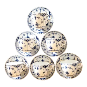 Vintage Royal Copenhagen Blue and White Fluted Half-Lace Cup and Saucer Set - 12 Pieces