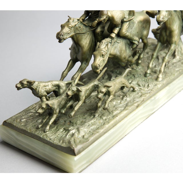 Metal Continental Gilt Metal Equestrian Hunt Group, Circa 1900 — Riders, Horses & Hounds on Green Onyx Base For Sale - Image 7 of 14