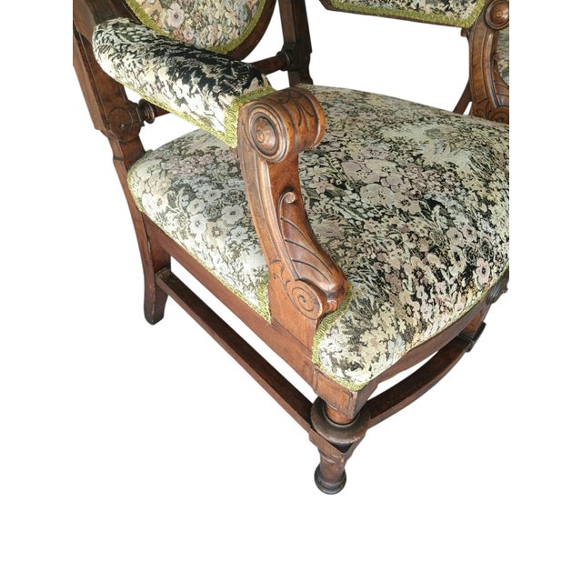 Rare Pair of Antique Medallion Back Parlor Armchairs – Ornate Carved Wood & Floral Tapestry For Sale In Raleigh - Image 6 of 12