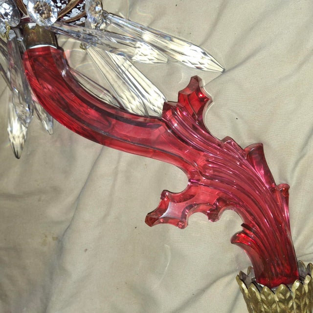 Baccarat 19th Century French Art Nouveau Red Art Glass/ Crystal Gilt Bronze Candle Wall Sconces Attrib. Baccarat True Left and Right Form For Sale - Image 4 of 18