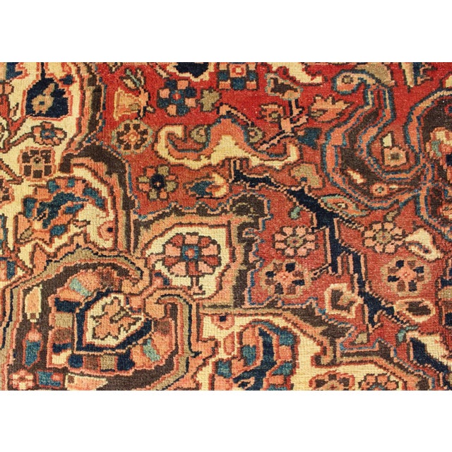 Vintage Heriz With Large Medallion in Soft Red, Navy Blue, Light Blue and Cream Colors For Sale - Image 9 of 13