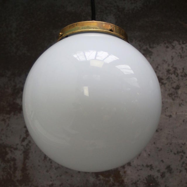 Metal Mid-20th Century Opaline Glass Globe Pendant Light with Brass Top For Sale - Image 7 of 8