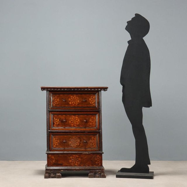 Baroque walnut bedside table converted from a prie-dieu. Three-drawer front in walnut burl, with maple and walnut inlays,...