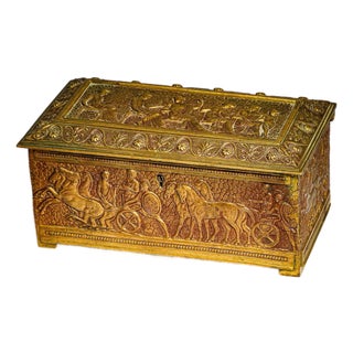 Figural Relief Neoclassical Heavy Metal Keepsake Antique Box Jewelry Casket Grand Tour Decor Style Home Decor For Sale