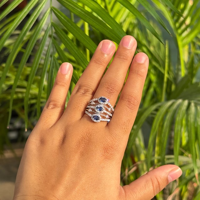 1 Ct Blue Sapphire & Diamond Multi Row Statement Ring Size 6.5 in 14k White Gold For Sale - Image 11 of 16