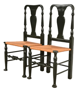 Eldred Wheeler Queen Anne Black Lacquered Side Chairs or Dining Chairs With Rush Seats, Pair
