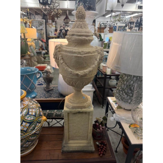 Pair of Grand Neoclassical Resin Garden Urns With Garlands and Lion Masques For Sale - Image 9 of 9