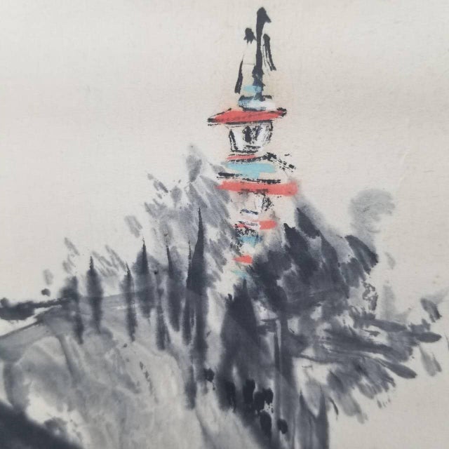 Vintage Japanese Hanging Scroll Ink Landscape With Mountains, Sea, and Sailing Boats For Sale - Image 11 of 13