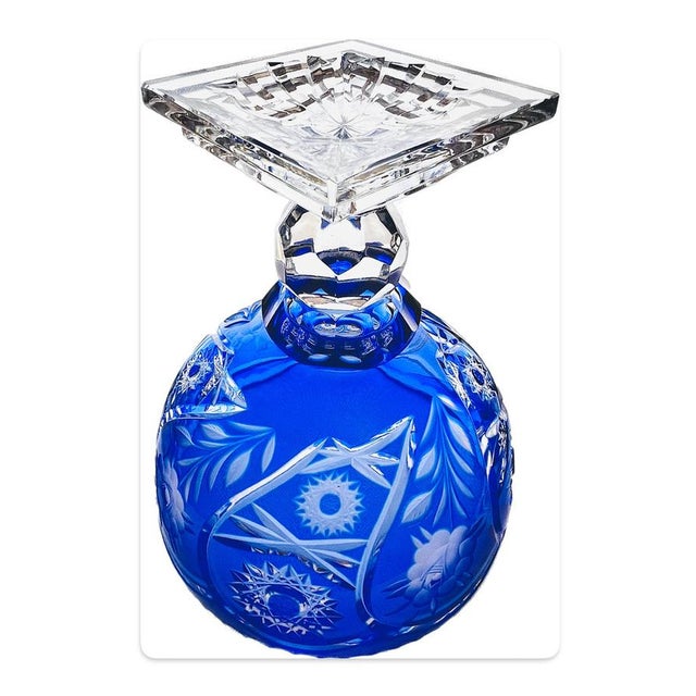 Large Bohemian Style Blue Crystal Centrepiece Pedestal Bowl on Ball Stem and Square Base, 1960s For Sale - Image 11 of 12