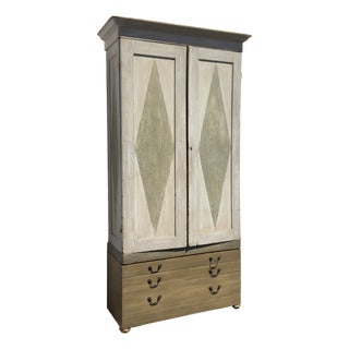Antique Gustavian Style Painted Armoire With Painted Diamond Panels & Coral Interior For Sale