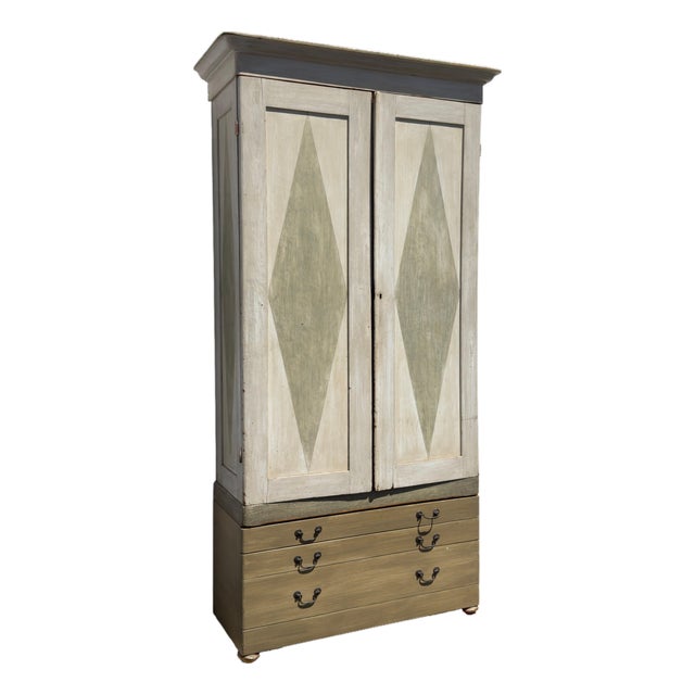 Antique Gustavian Style Painted Armoire With Painted Diamond Panels & Coral Interior For Sale