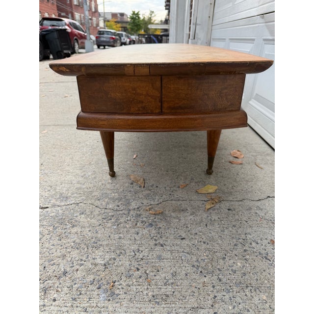 Brown Vintage Mid-Century Modern Burl Wood Coffee Table With Inlaid Top, Tapered Legs and Brass Feet For Sale - Image 8 of 12