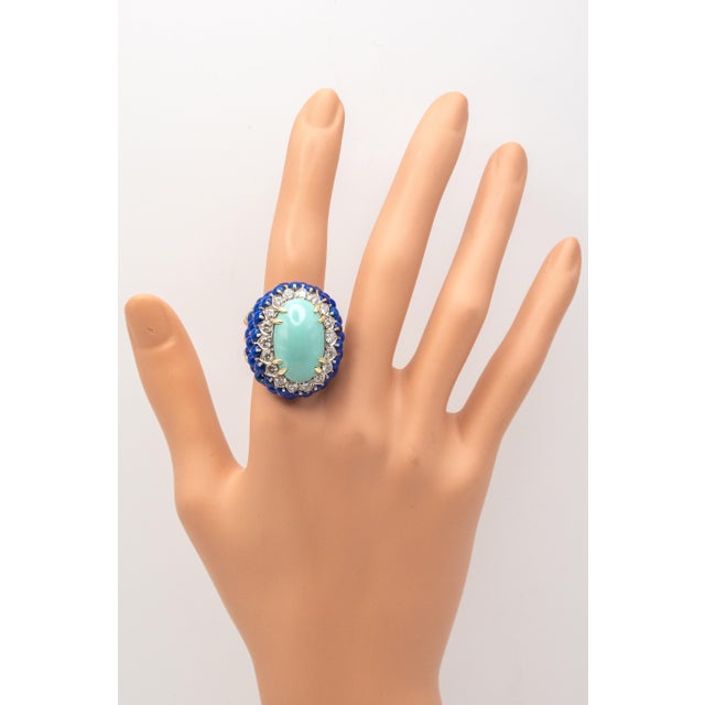 Vintage 14k Yellow Gold Diamond Turquoise Lapis Cocktail Ring C. 1960s, Size 7.5 For Sale In New York - Image 6 of 9