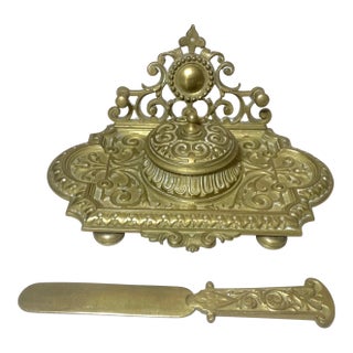 Antique Ornate 19th Century Victorian Gilt Brass Desk Inkwell Stand Tray Letter - Set of 2 For Sale