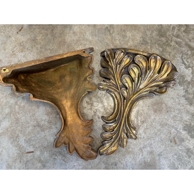 Late Twentieth Century Carved Wood Regency Rococo Style Over Sized Gilt Laurel Leaf Wall Shelves Sconces, a Pair For Sale - Image 4 of 6