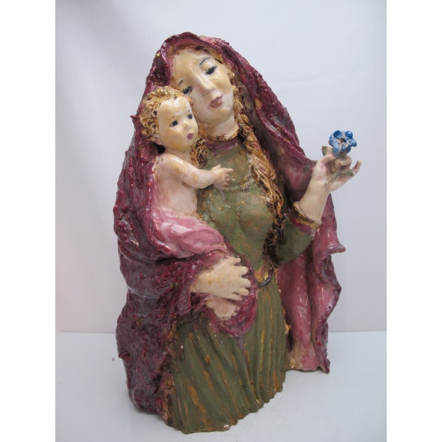 Susi Singer Terracotta Madonna With Blue Flower & Child 1951 Statue For Sale - Image 14 of 18