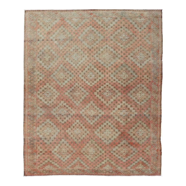 Colorful Vintage Turkish Embroidered Flat-Weave in Diamond Design in Orange 5'11" X 7'6" For Sale