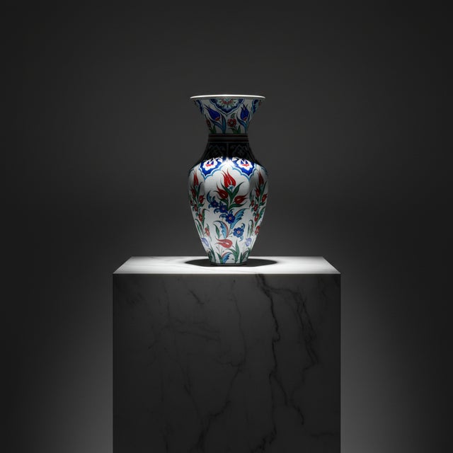 Ceramic Handmade Ceramic Faceted Vase (25cm) – Red Tulips & Blue Rumi Arches – Hexagonal Form For Sale - Image 7 of 7