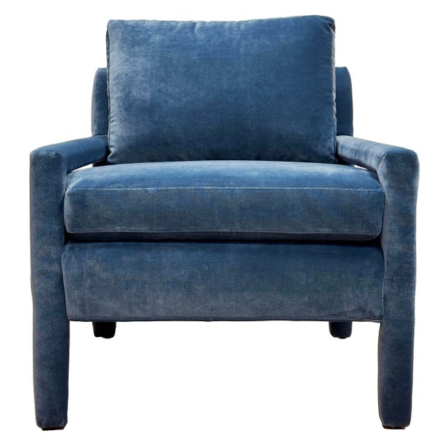 Mid-Century Modern Vintage Newly Upholstered MCM Blue Velvet Parsons Chair For Sale - Image 3 of 11
