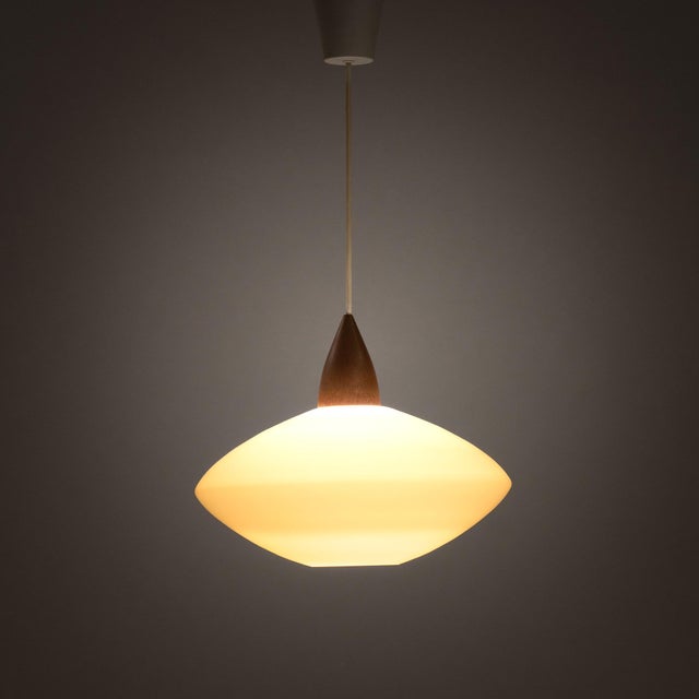 Mid-Century Modern White Opaline Teak Pendant Light by Uno & Östen Kristiansson for Luxus, Sweden, 1950s For Sale - Image 3 of 7