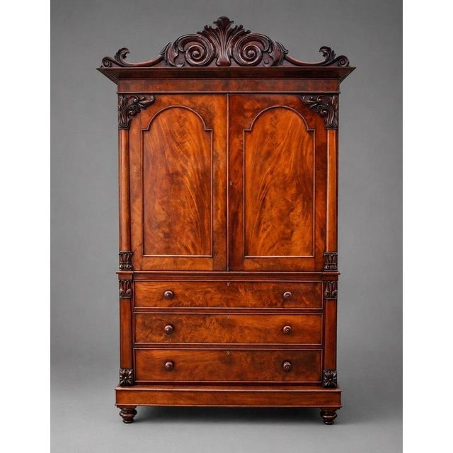William iv flame mahogany linen press with carved pediment item code: s27-74 a fine william iv flame mahogany linen press...