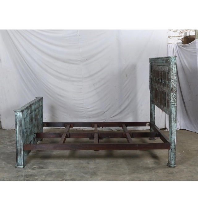 Complete King Size Bed Constructed From an Antique Painted Teakwood Rajasthani Door and Pillars For Sale In Santa Fe - Image 6 of 9