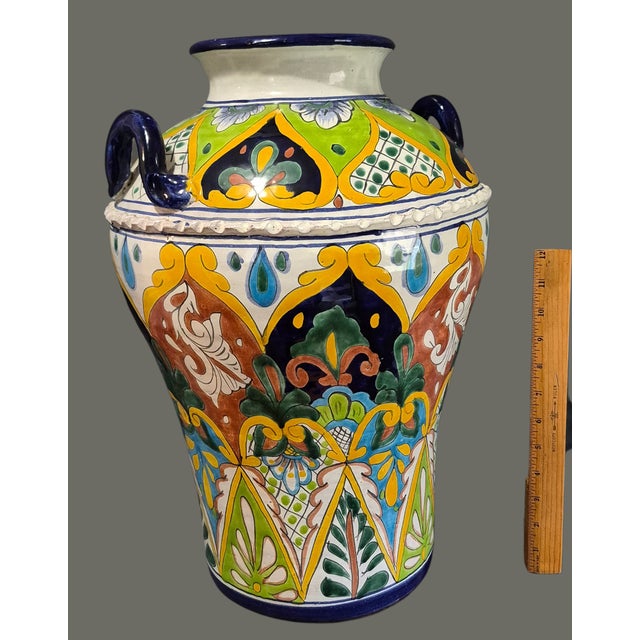 Tall Colorful Hand Painted Mexican Pottery Talavera Floor Vase Jug 19'' High For Sale - Image 6 of 10