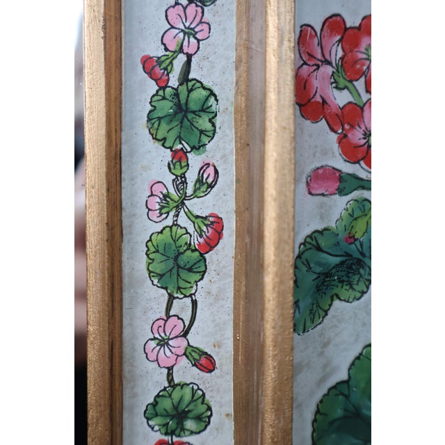 Wood 1960s Italian Reverse-Painted Geranium Glass Giltwood Mirror For Sale - Image 7 of 18