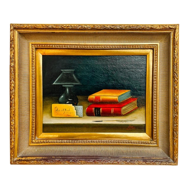 Late 20th Century Dark Academia Still Life Oil Painting With Gilt Wood Gallery Frame by Nora Urde (NorKa) For Sale