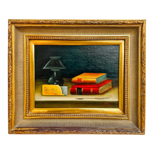 Late 20th Century Dark Academia Still Life Oil Painting With Gilt Wood Gallery Frame by Nora Urde (NorKa)