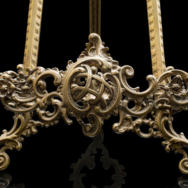 Gold Tall Vintage Picture Easel, English, Gilt Metal, Rococo Revival, Artwork Stand For Sale - Image 8 of 12