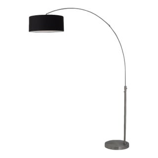 1960s 92-Inch Morelli Float Mid Century Floor Lamp- Modern Arc Lamp, Black Nickel Finish, Black Linen Shade, Dimmable For Sale