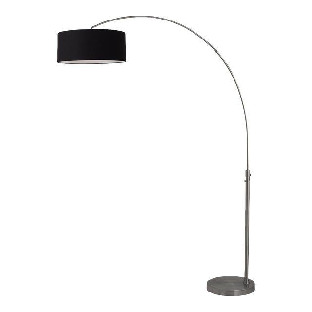 1960s 92-Inch Morelli Float Mid Century Floor Lamp- Modern Arc Lamp, Black Nickel Finish, Black Linen Shade, Dimmable For Sale